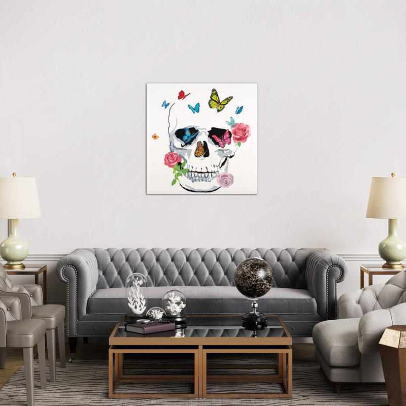 Butterfly Flower Skull - Wrapped Canvas Painting, 66.04 cm H x 66.04 cm W x 1.91 cm D