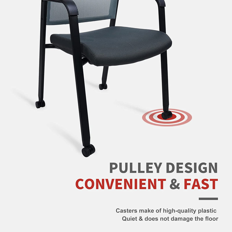  Mesh Back Stacking Chair with Upholstered Fabric and Lumber Support (With Wheels 2 Pack), Grey