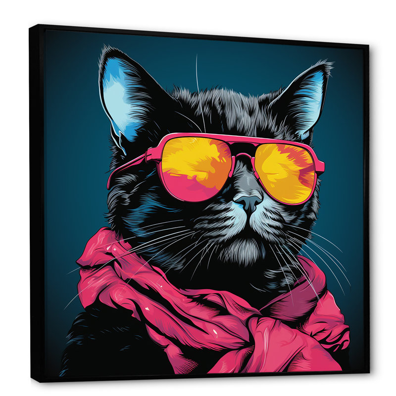 Chat froid avec des lunettes de soleil jaunes sur toile, H 24 po x l 24 po x P 1 po, Cadre flottant noir