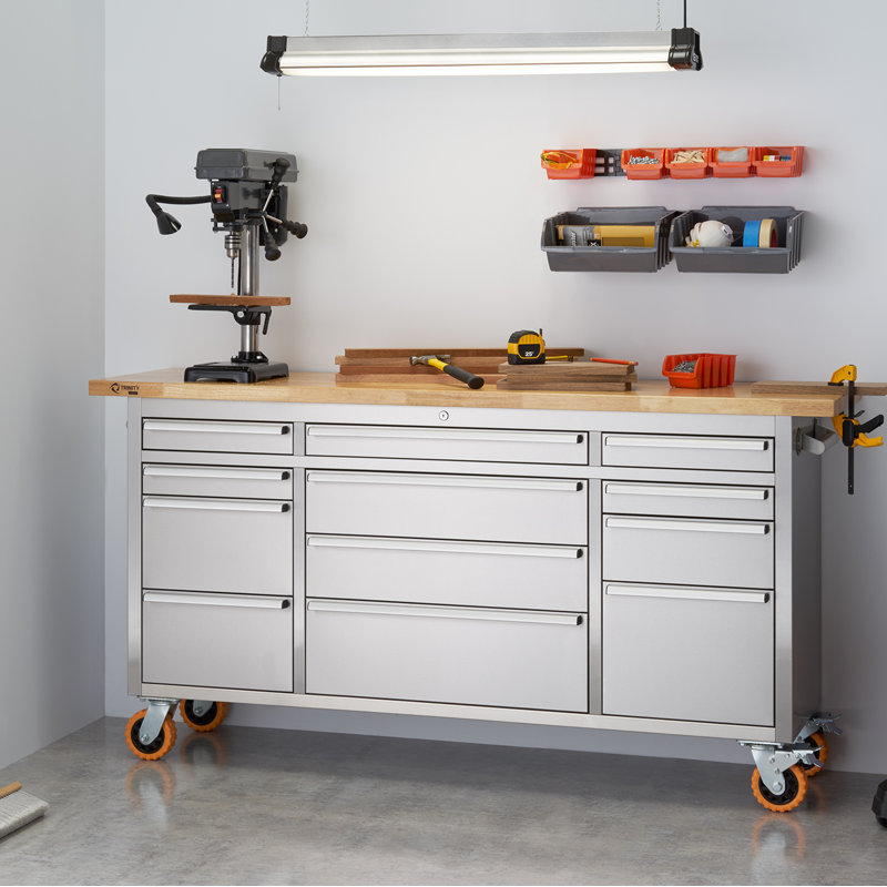 TRINITY PRO 6 ft. W 12-Drawer Stainless Steel Rolling Mobile Workbench w/ Storage
