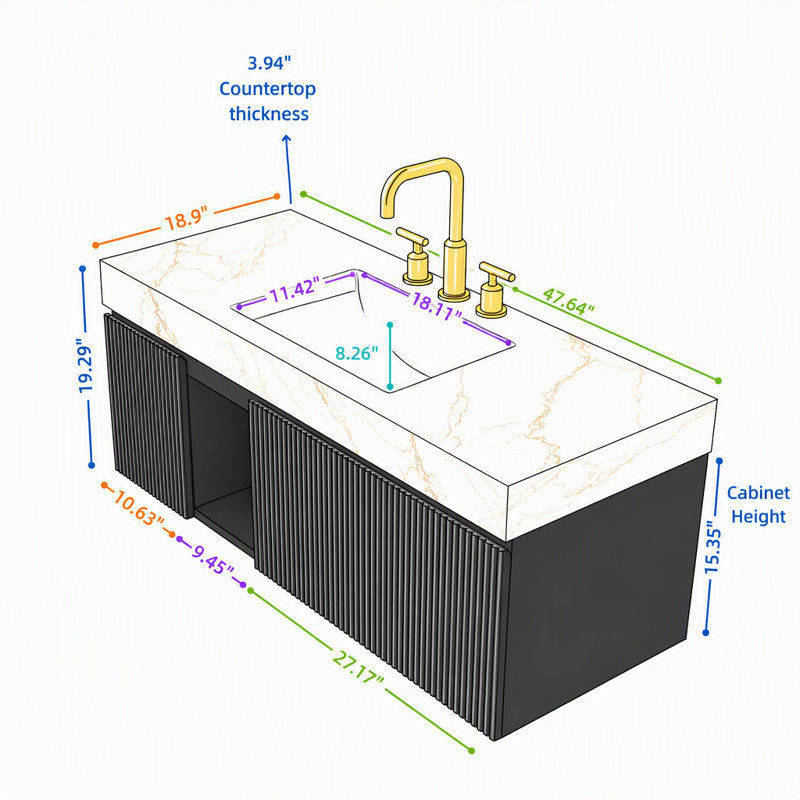 Meuble-lavabo flottant mural 48 po avec lavabo, 48 po, noir pour rangement de salle de bain, Noir, Trou simple, Beige+Gold