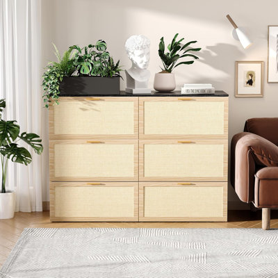 Queen Size Rattan Murphy Bed With Storage Drawer, Space-Saving Cabinet Bed For Kids,Adults And Guests,Beige