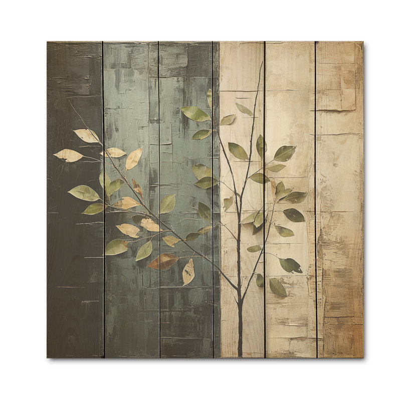 «Slate Elm Harmony Leaves I», art mural en bois sur bois de pin naturel, H 25 po x l 25 po