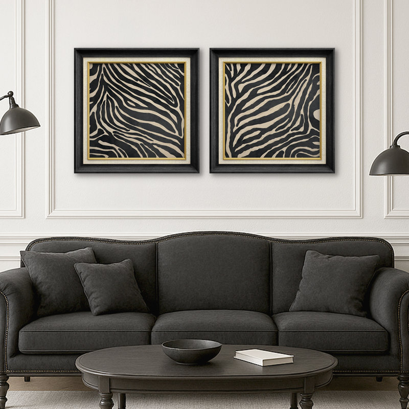 Reproduction d'art moderne à motif zébré moderne noir et beige, H 26 po x l 26 po x P 1,5 po, Cadre de galerie noir