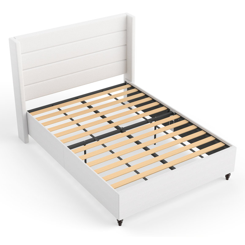 Modern Upholstered Platform Bed With Wingback Headboard with Solid Wood Legs, Queen