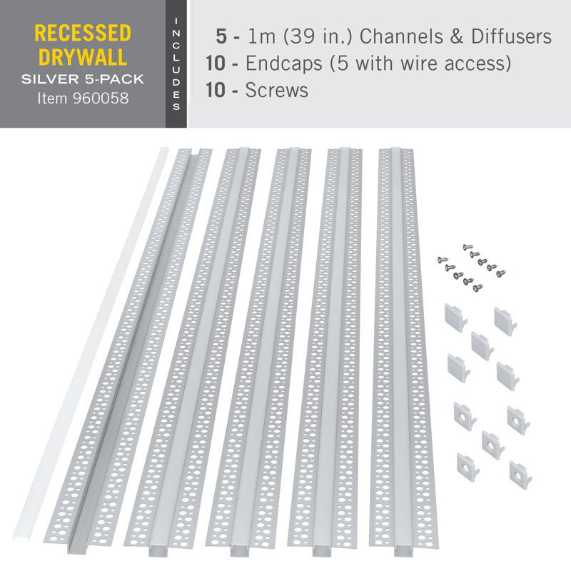 LED Tape Light Mounting Channel, Recess Drywall Mount, Silver