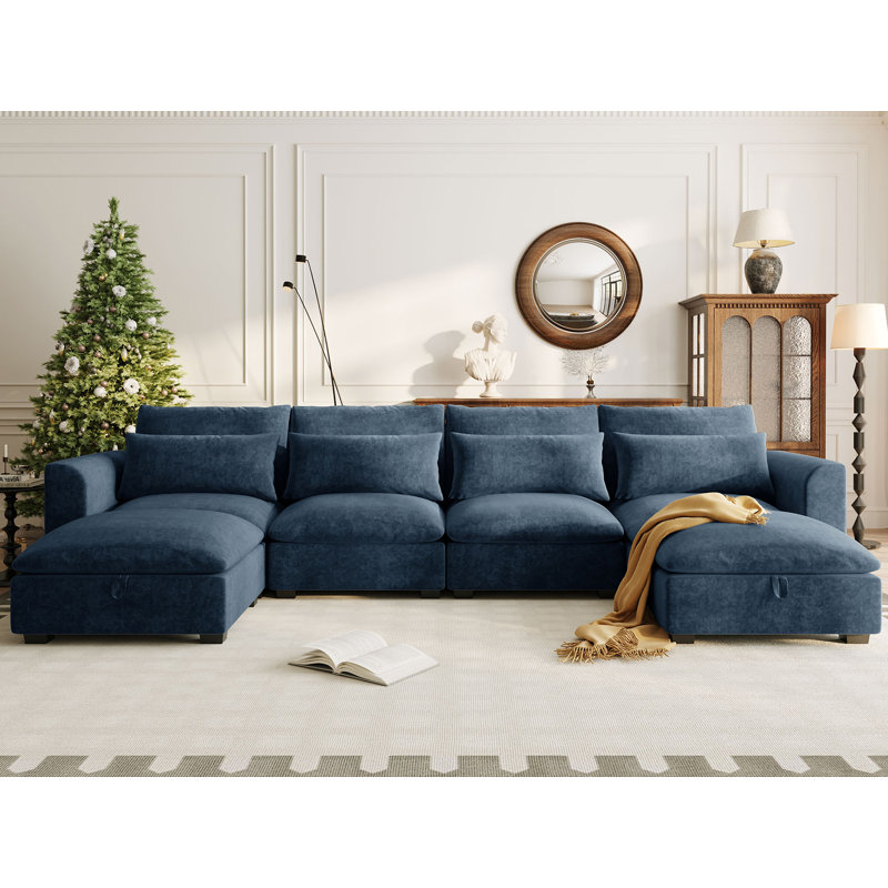 Canapé modulaire en U 131 po avec deux repose-pieds, Mélange de lin bleu