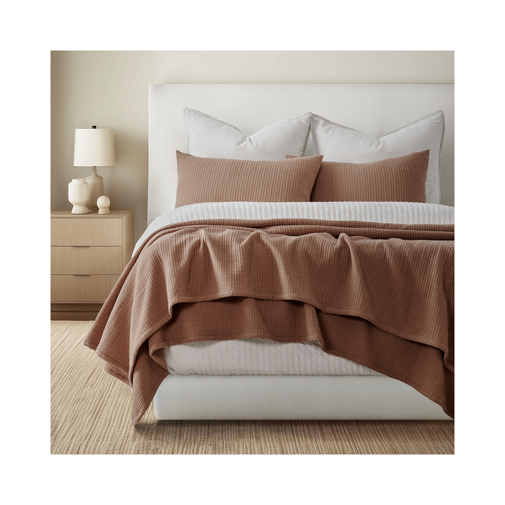 Solid Cotton Gauze Pick-stitch Matelesse Coverlet Bedspread set, King Quilt + 2 King Shams, Terracotta Clay