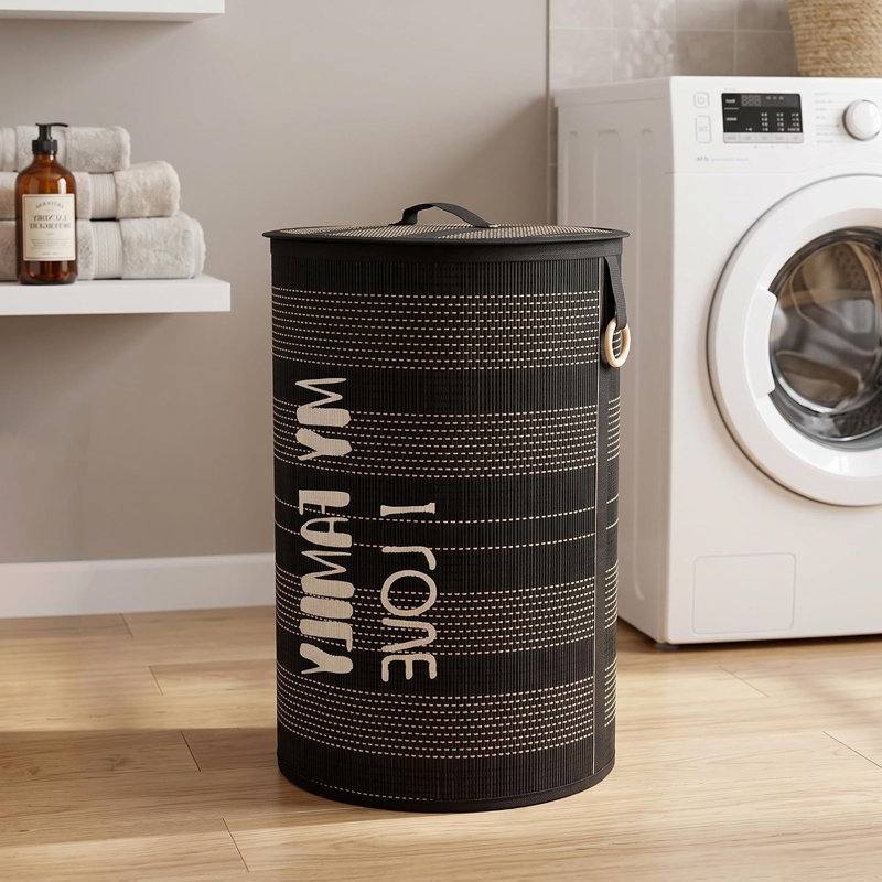 Bamboo Laundry Hamper, Black, Black-bamboo