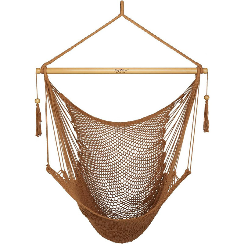 XL Brown Cotton-Polyester Rope Hanging Hammock Chair with Hardwood Spreader Bar