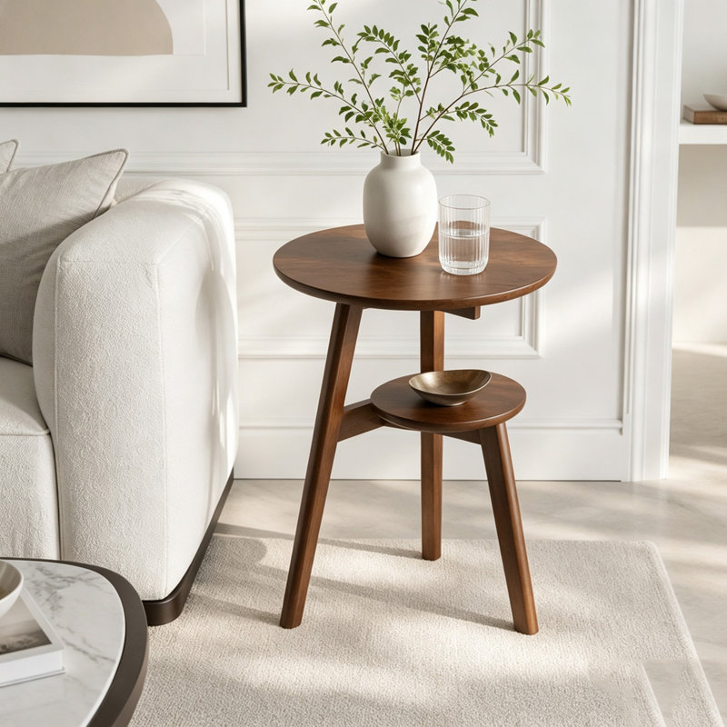 Table d'appoint ronde à deux niveaux en bois massif, de style moderne du milieu du siècle, avec tablette de rangement.