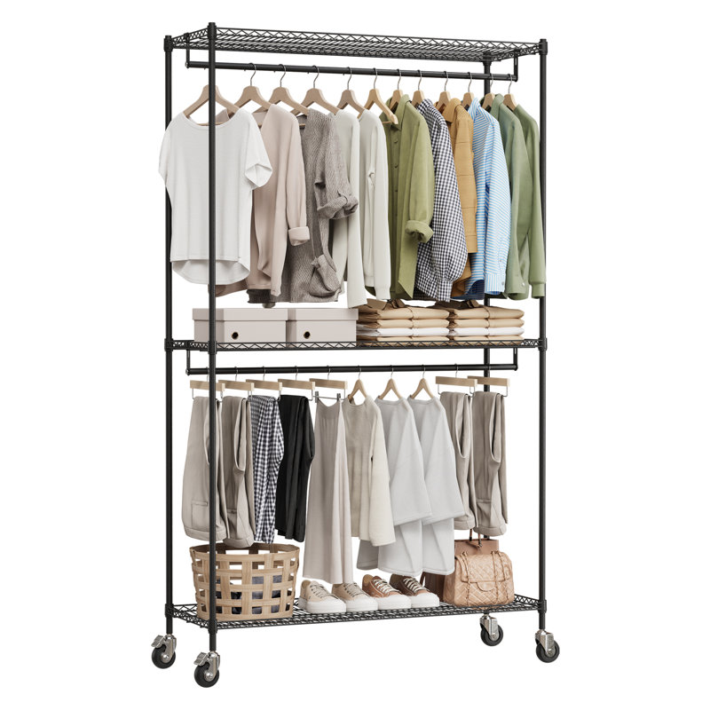 Heavy Duty Rolling Garment Rack, 3-Tier Adjustable Wire Shelving & Double Hanging Rods, Black Metal Freestanding Closet Organizer for Clothes