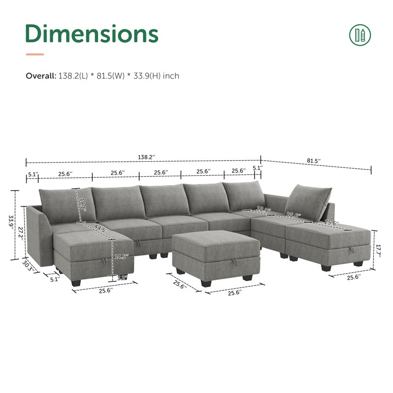 Canapé modulaire en U avec méridienne Tremee, Polyester gris