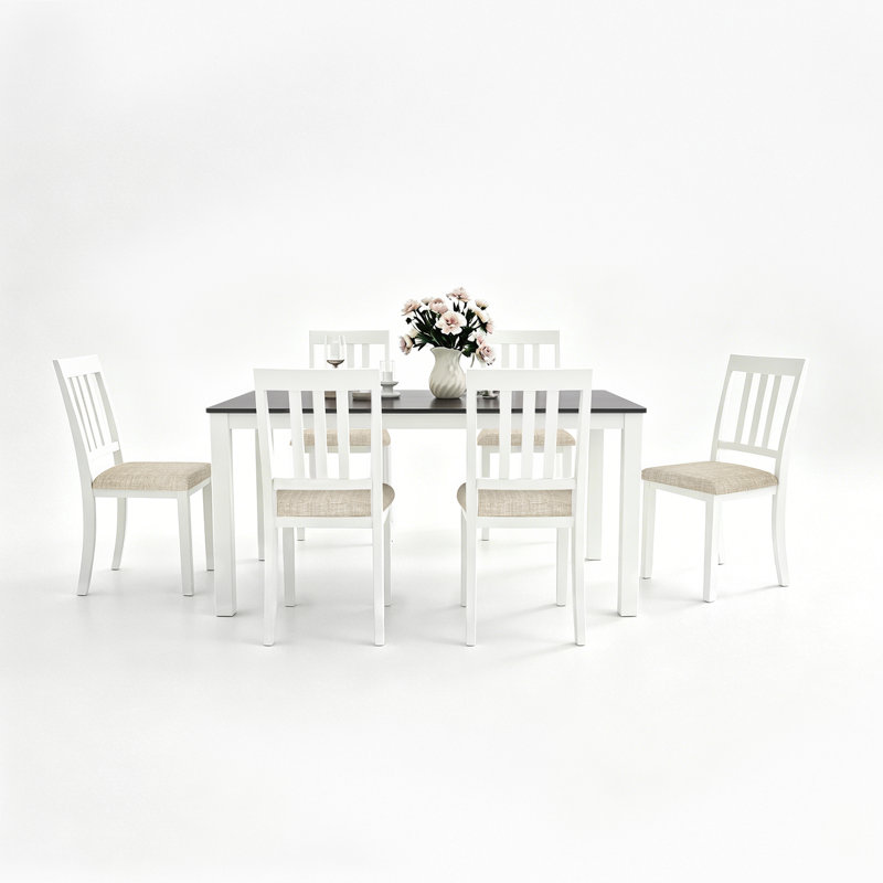 6 - Person 59" Solid Wood Dining Set, 7-Piece Set, White/Beige