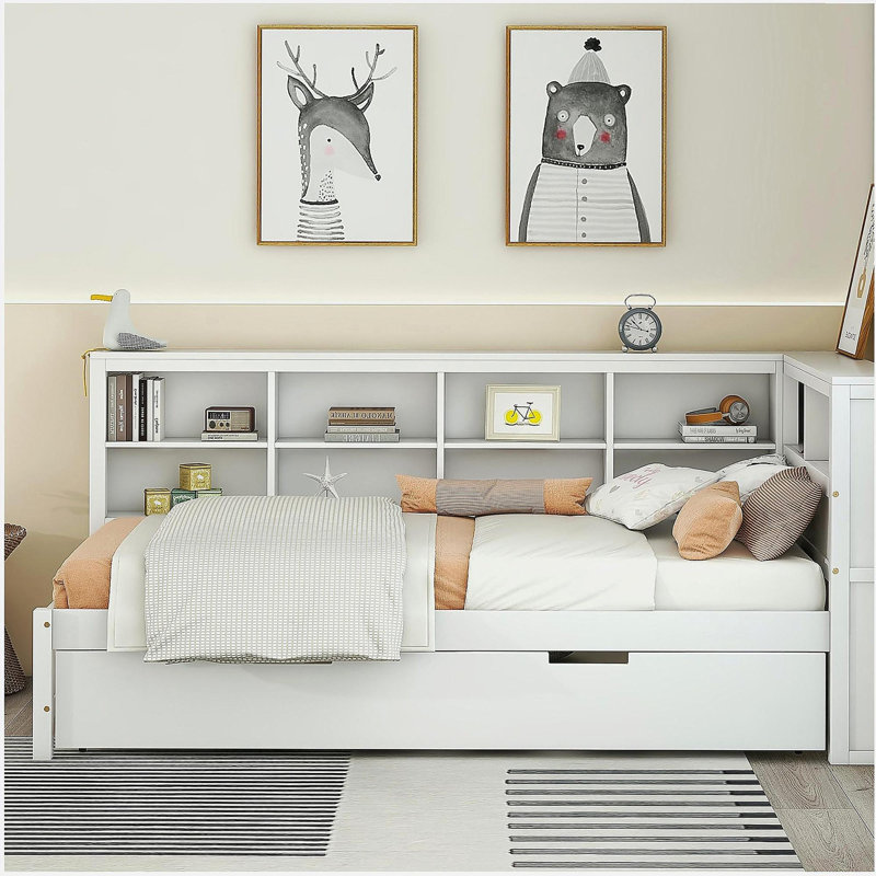Canapé-lit en bois avec lit pour bébé, tablette de rangement et port de chargement USB, Lit simple, Blanc