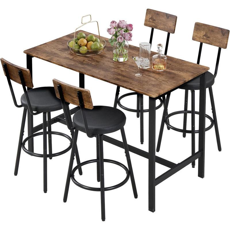 Bar Table Set With 4 Bar Stools PU Soft Seat, Brown/Black