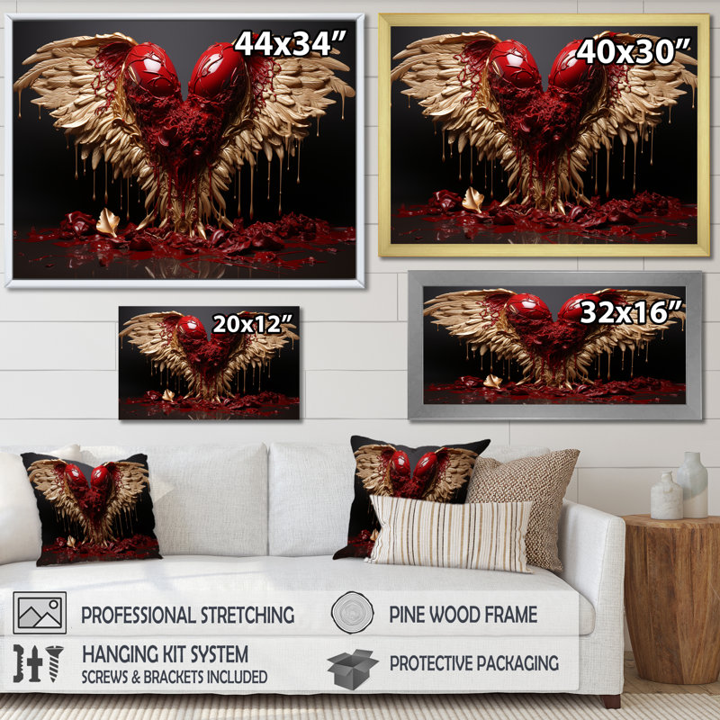 Royal Red And Gold Angel Wings I - Fantasy Wall Art, Black Closed Corner Framed, 30" H x 40" W x 1.5" D