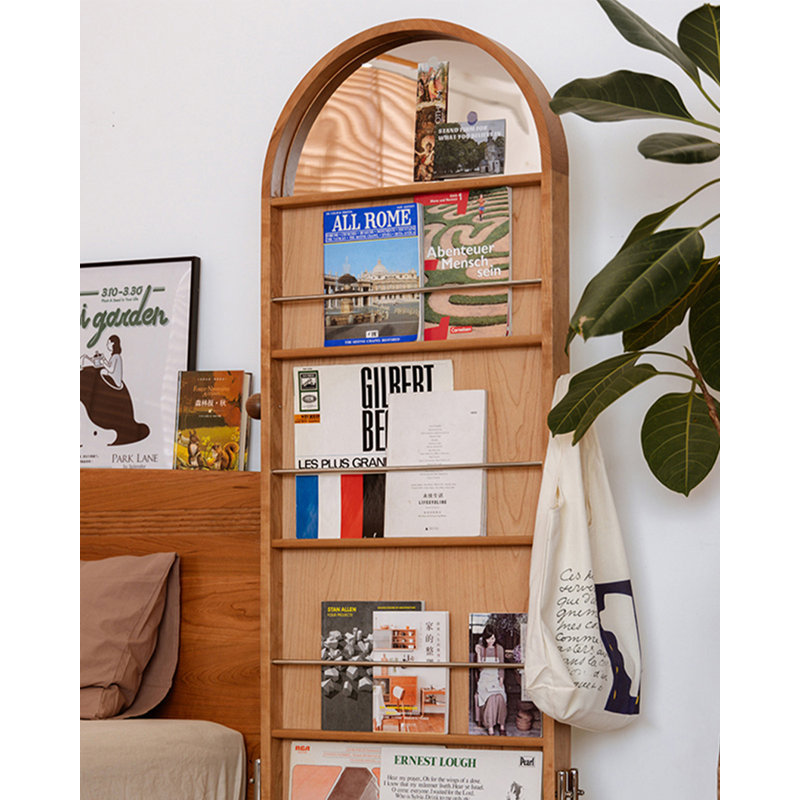 Armoire de rangement à revues rétro en bois avec miroir