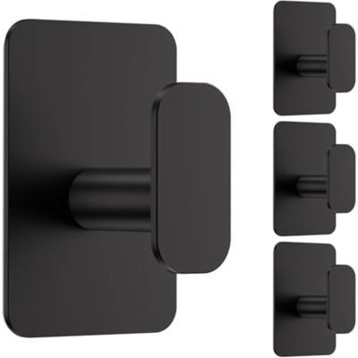 Large Heavy Duty Wall Hooks - 26lb Max, Stainless Steel Adhesive Towel Hooks for Hanging Towel, Coat, Robe, Hat, Sticky Towel Holder for Wall Mount in Bathroom, Shower, Kitchen (Black, 4 Pack)