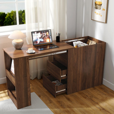 Computer Desk With Drawers, Modern Corner Home Office Storage With Extendable Table, Study Writing Desk Workstation For Home, Office