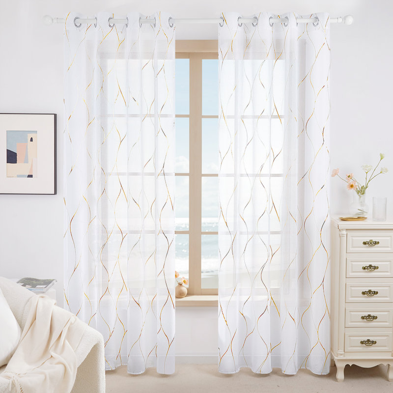 Foil Printed Wave Pattern Grommet Sheer Curtains (Set of 2), 52" W x 63" L