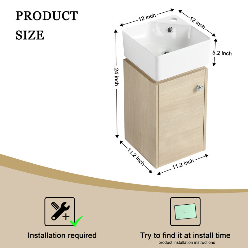 Vanyo 12'' Wall Mounted & Corner Single Bathroom Vanity with Ceramic Top, Plain Light Oak
