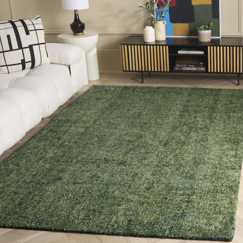 Gabbeh Hand Tufted 20% Cotton/80% Imported Handspun Wool No Pattern Area Rug in Green, Rectangle 4' x 6'