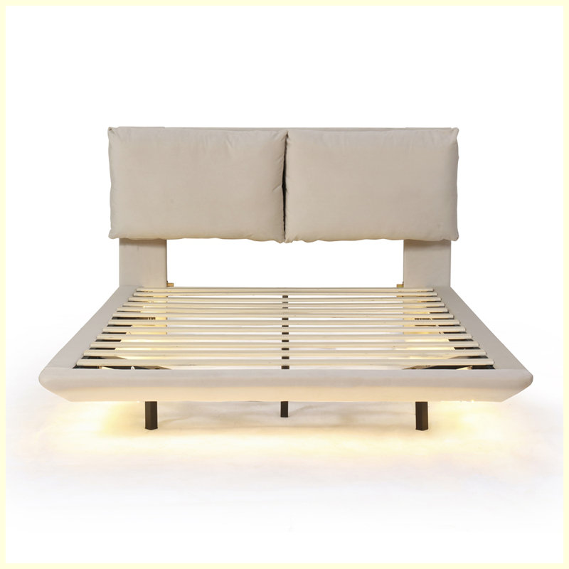 Lit plateforme avec 2 ensembles de ports USB et de prises, Beige, Double