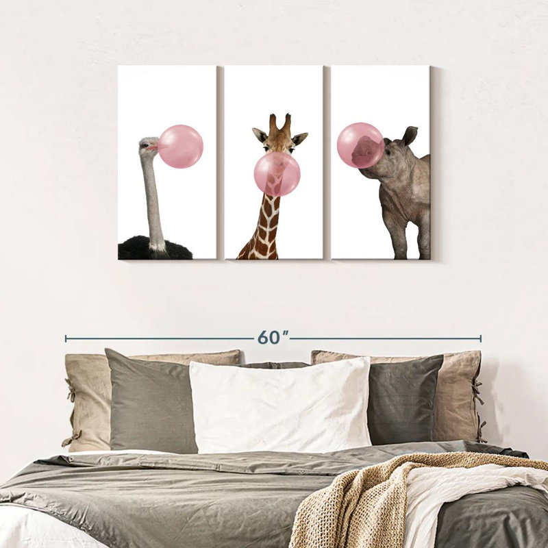 Ensemble de 3 animaux rigolos sur toile, H 28 po x l 45 po