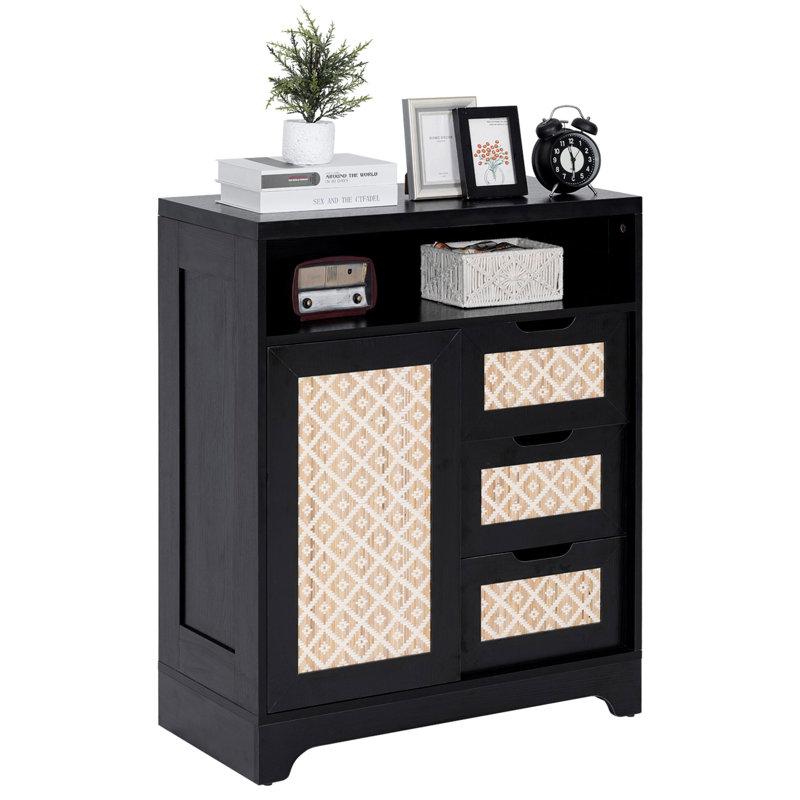 Alcott Hill 3-Drawer Accent Storage Cabinet With Rattan Door And Adjustable Shelf, Black
