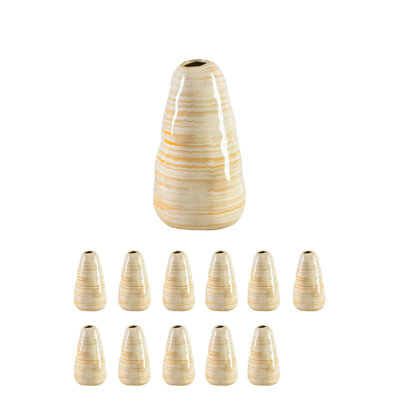 Hubbs Striped Ceramic Vase - Handcrafted Beige & Golden Decorative Vase For Flowers, Dried Botanicals, Or Standalone Home Décor, 4.5" Diameter & 7.5" Tall, Pack Of 12