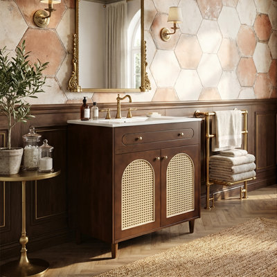 30" Freestanding Vanity Cabinet With Tip-Out Tray, Solid Wood & Rattan Storage Unit With Ceramic Top (Walnut / White)