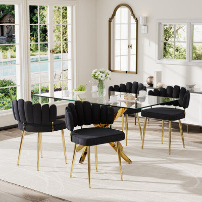 Modern Rectangle Glass Dining Table Set With Velvet Chairs