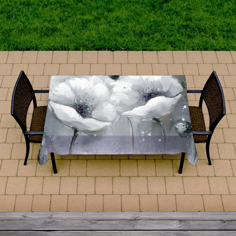 White Botanical Tablecloth - Grayscale Flowers for Home Decor