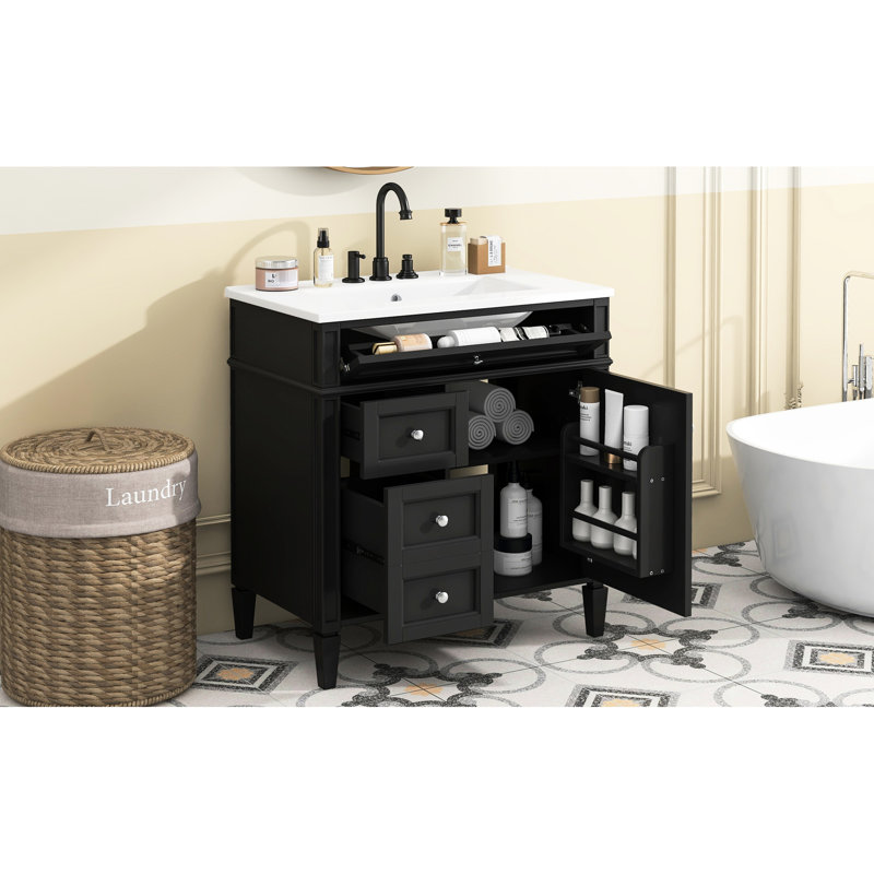 Meuble-lavabo de salle de bain avec lavabo supérieur en céramique, armoire moderne 30 po à 2 tiroirs et tiroir basculant, meuble-lavabo de rangement fonctionnel, lavabo et élégant