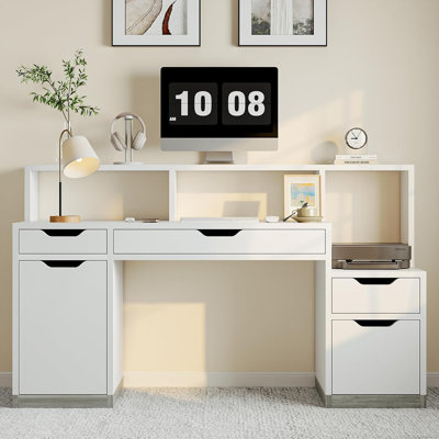 58 Inch White Desk with Drawers & File Storage Cabinet, Computer Desk with Monitor Stand, 4 Drawers & printer shelf, Home Office Desk with File Drawer