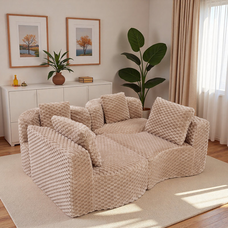 Canapé modulaire modulaire avec silhouette arrondie et coussins, Camel