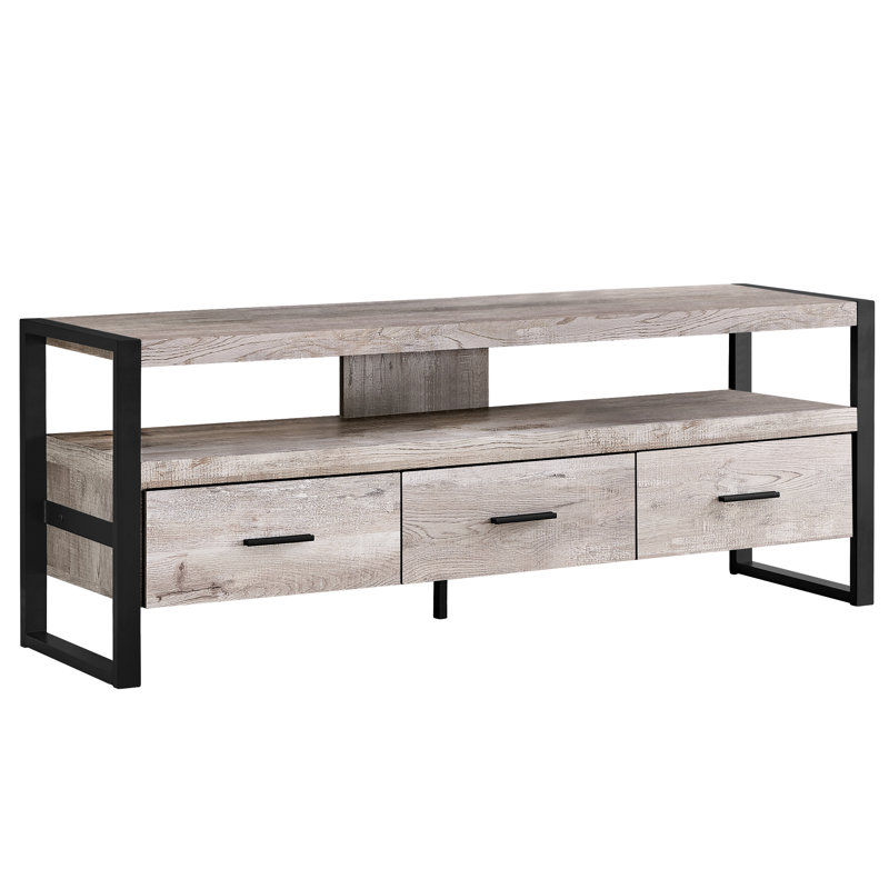 Meuble télé moderne avec rangement et design élégant pour le salon, H 21,75 po x l 59 po x P 15,5 po, Taupe / Noir
