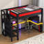 Lit mezzanine double avec bureau et garde-robe, structure de lit mezzanine avec DEL, USB intégré, noir et rouge-1609758234