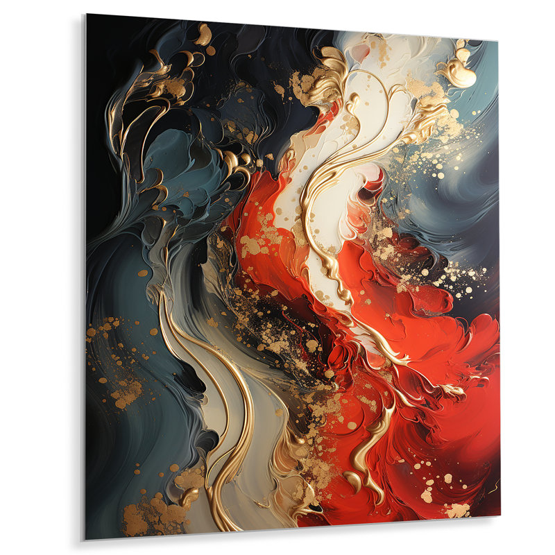 Rouge et or marbre feu IV - art mural abstrait en métal, H 32 po x l 16 po x P 1 po
