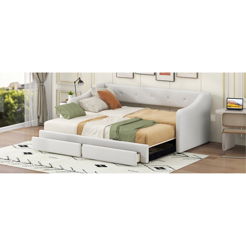 Beige, extensible, rembourré, lit de jour simple TG très grand, tiroirs coulissants, support ergonomique pour le dossier et l'accoudoir, très grand tissu doux, surfaces de tiroir rembourrées, confortable