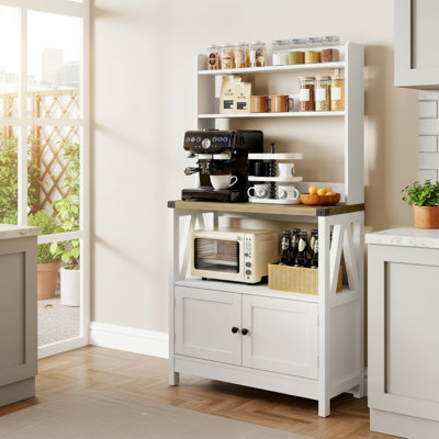 Freestanding Five-Layer Microwave Oven Baking Cabinet With Shelves And Cabinet Doors; Thickened Countertop Can Be Used As A Coffee Bar; Floor-Standing