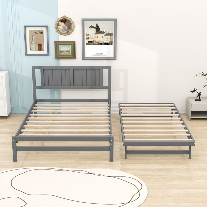 Lit plateforme double en bois avec lit gigogne simple réglable et tête de lit, Gris