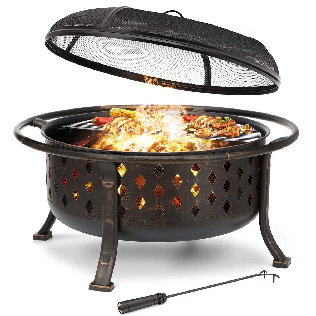 Bluegrass Living 26 Inch Cast Iron Deep Bowl Fire Pit with Cooking Gri