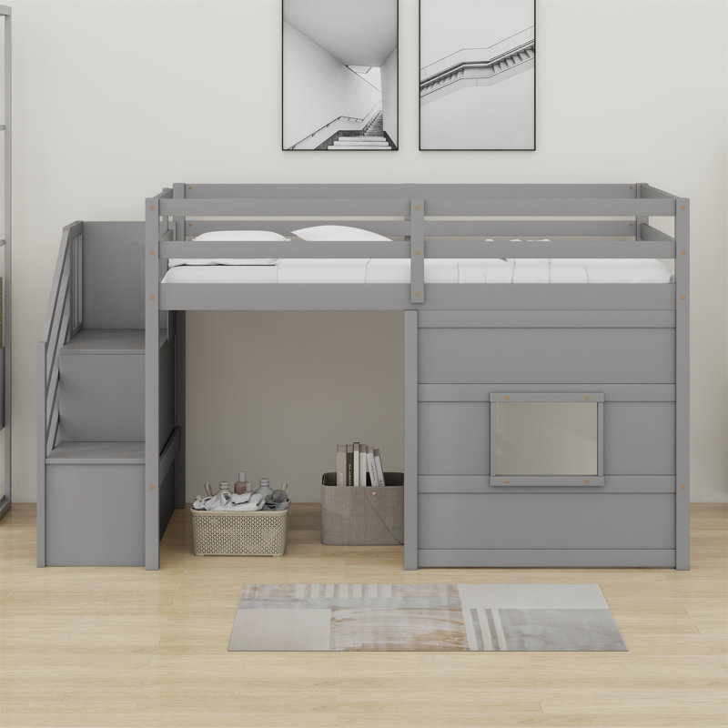 Loft Bed With Storage Staircase And Window, Gray