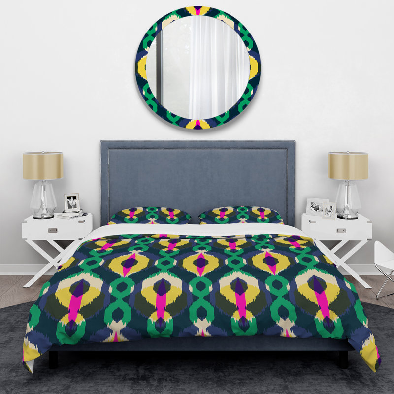 Vert et jaune Ikat Ogee - Ensemble de housse de couette abstrait - Microfibre de polyester