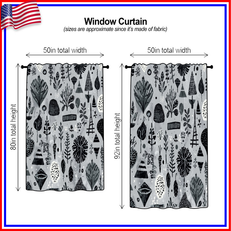 Rideaux noirs et blancs à motif botanique à motifs botaniques - 1 panneau, 50" x 92" - 1 Panel, Transparent