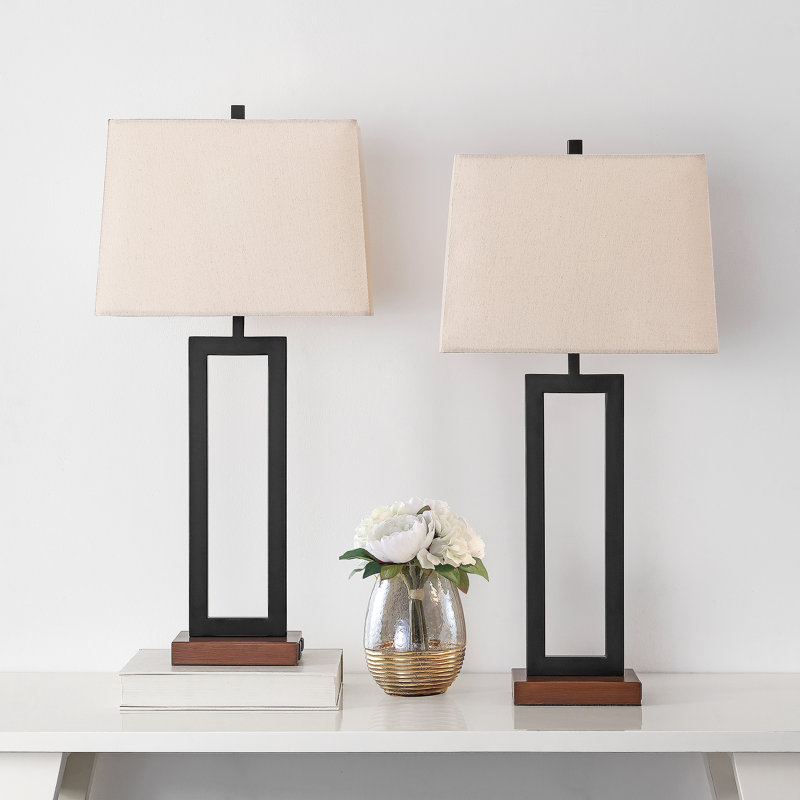 Rogina 28.5" Black Metal Table Lamp Set with USB Type-C Ports and Built-in Outlet, Beige, Brown
