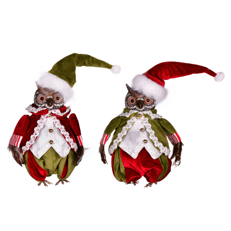 Festive Red and Green Resin Owl Christmas Ornaments, Set of 2