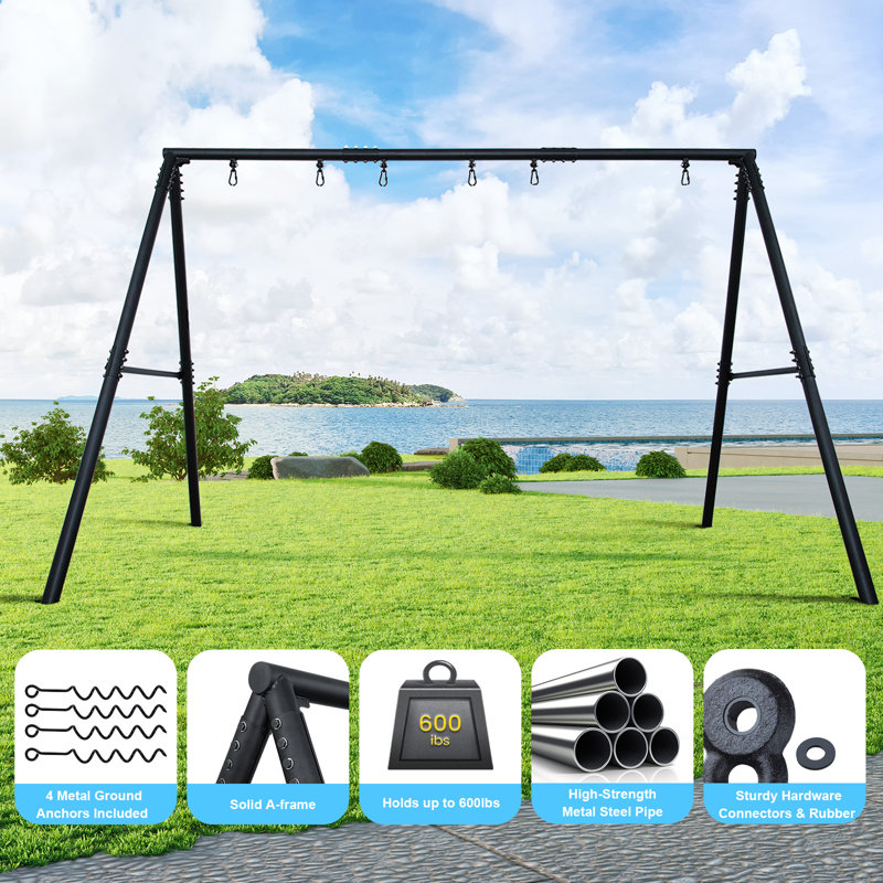 Heavy-Duty Black Metal Swing Set with Blue Platform and Belt Swings
